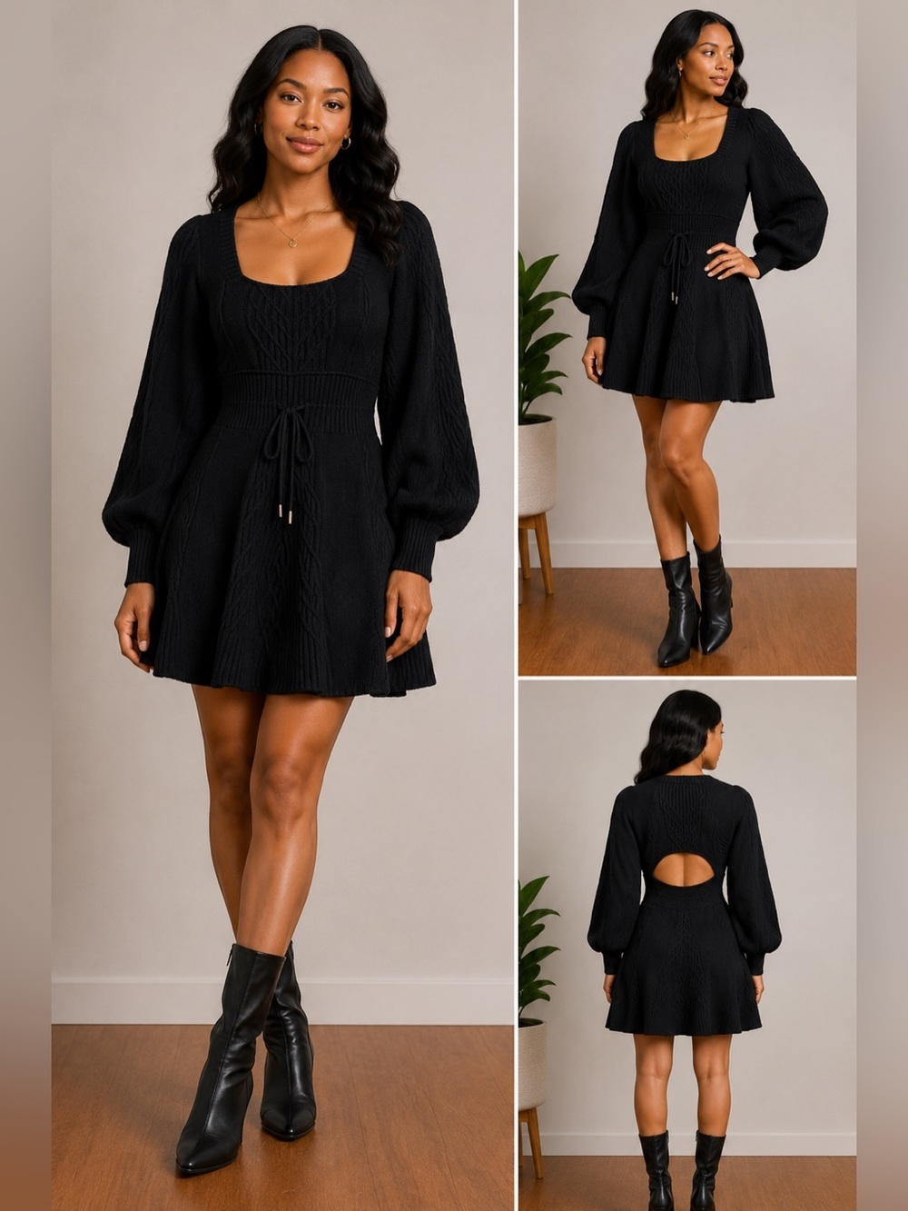 Free People Black Cable Knit Puff Sleeve Open Back Sweater Dress XS